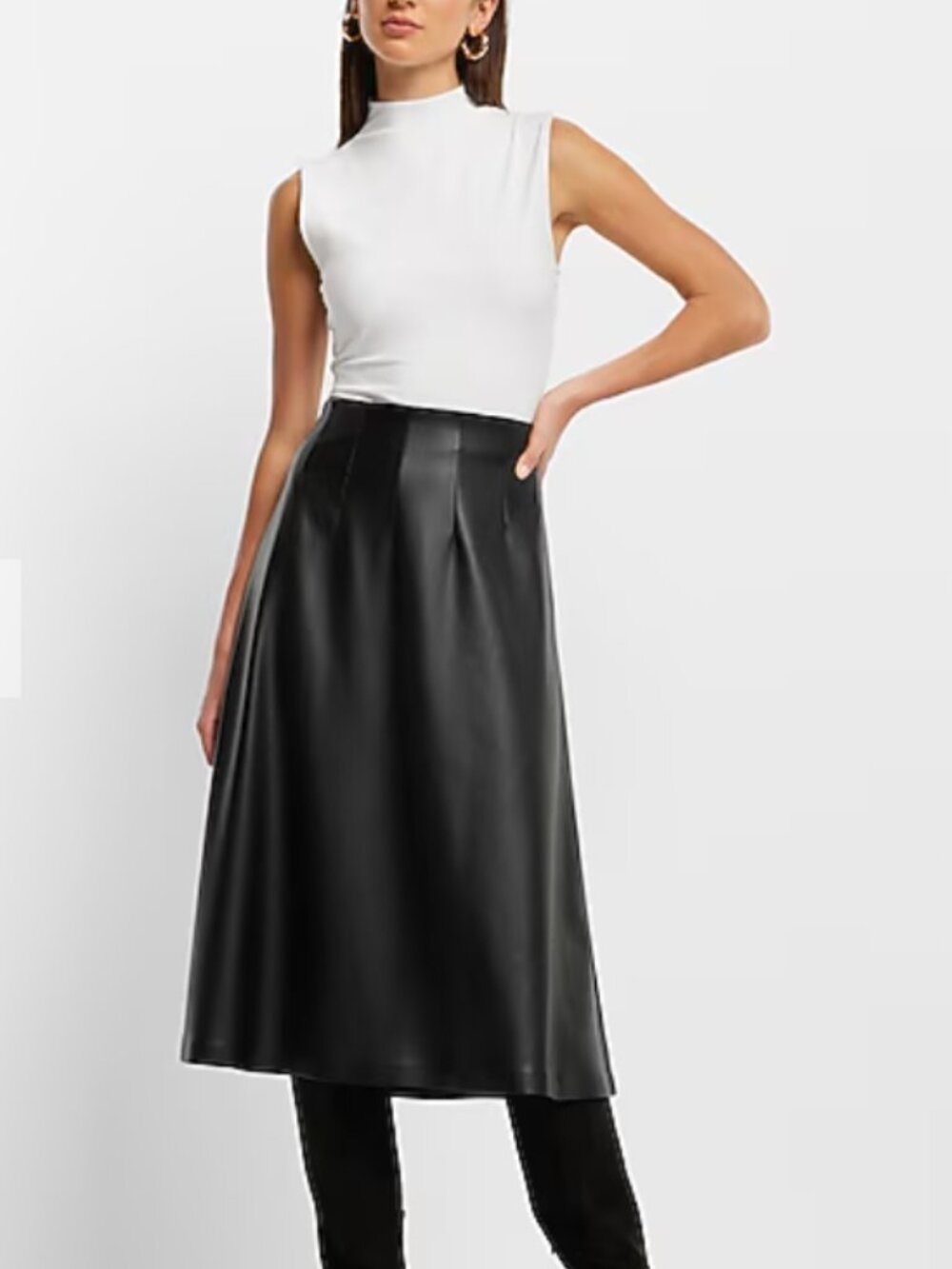 Express Black Faux Leather A-line midi skirt, size M